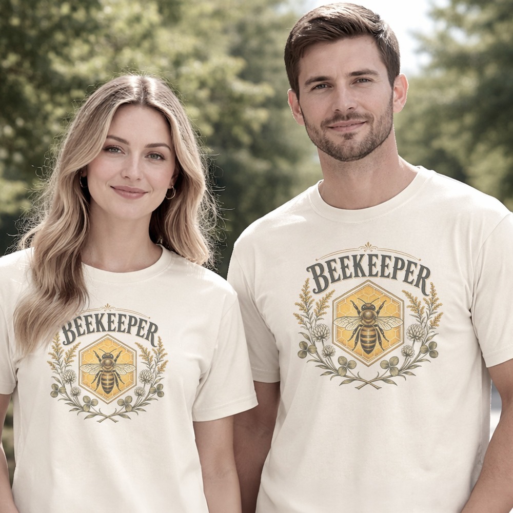Beekeeper Honeybee in Hexagon Clover Badge Tee
